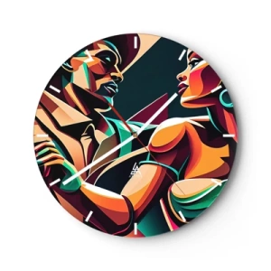 Wall clock - Clock on glass - A stylized dancing couple depicted in intense colors. - 30x30cm - In a Heartbeat - Modern wall decoration for the living room, kitchen, and bedroom ARTTOR