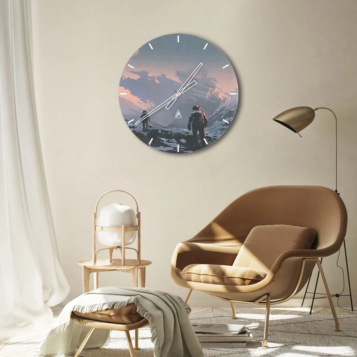 Wall clock - Clock on glass - Astronauts on an alien planet with a spaceship wreck - 30x30cm - Under an Unknown Star - Modern wall decoration for the living room, kitchen, and bedroom ARTTOR