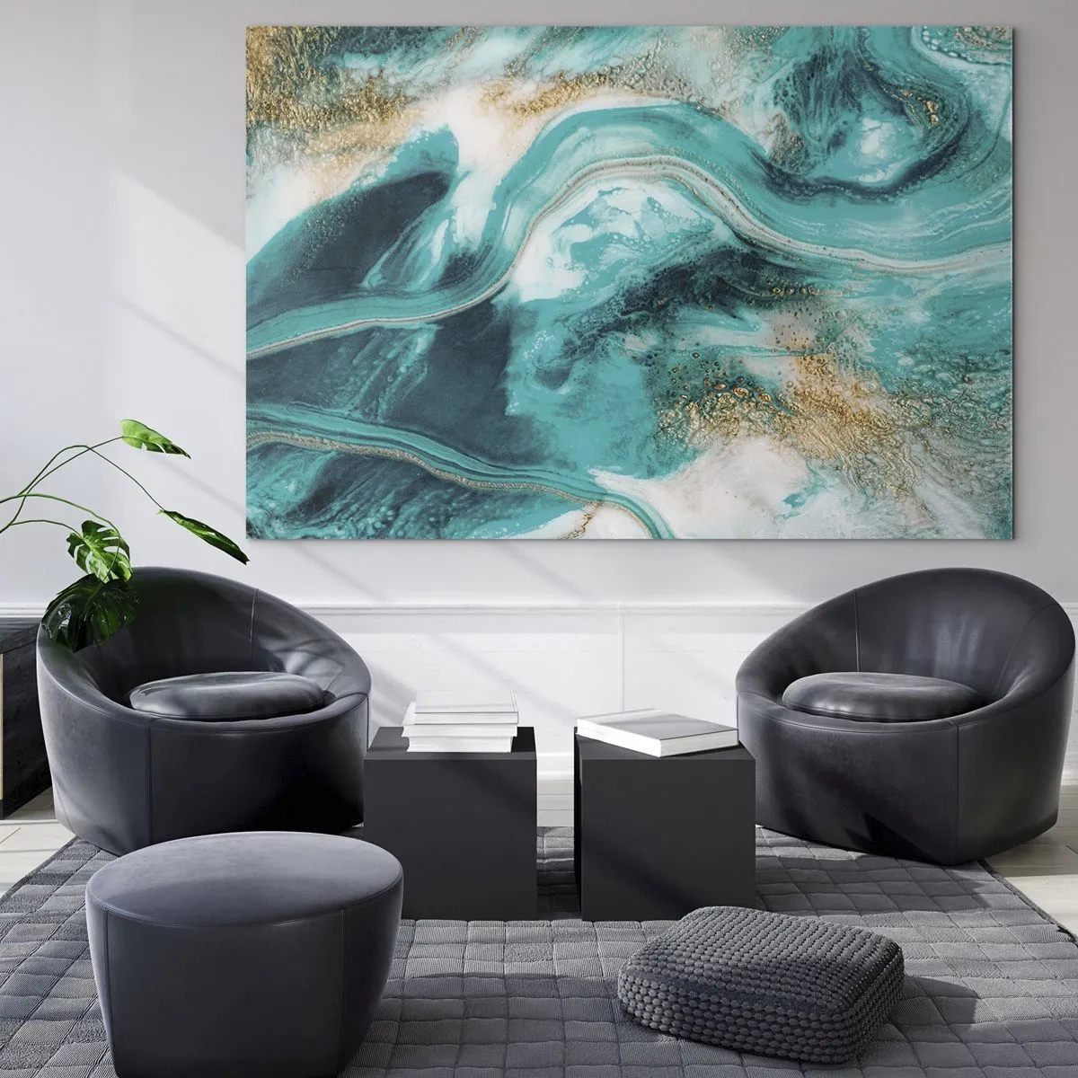 Glass picture - An abstract composition in turquoise with gold accents. - 70x50cm - River of Gold - Modern wall decoration for the living room and bedroom ARTTOR
