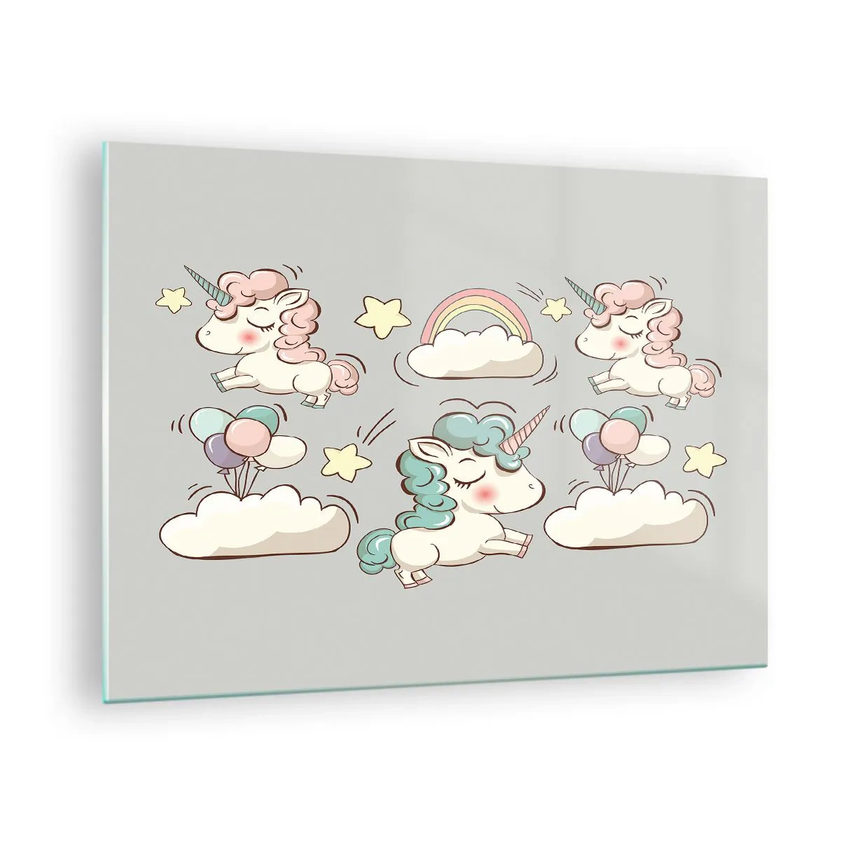 Glass picture - Cute unicorns in the clouds with a rainbow and balloons - 70x50cm - For Sure They Exist… - Modern wall decoration for the living room and bedroom ARTTOR