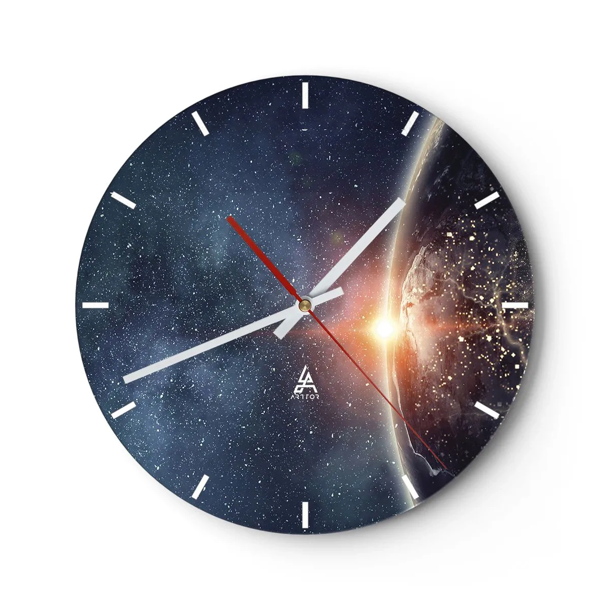Wall clock - Clock on glass - View of the Earth from space with a sunrise effect - 30x30cm - In a New Perspective - Modern wall decoration for the living room, kitchen, and bedroom ARTTOR