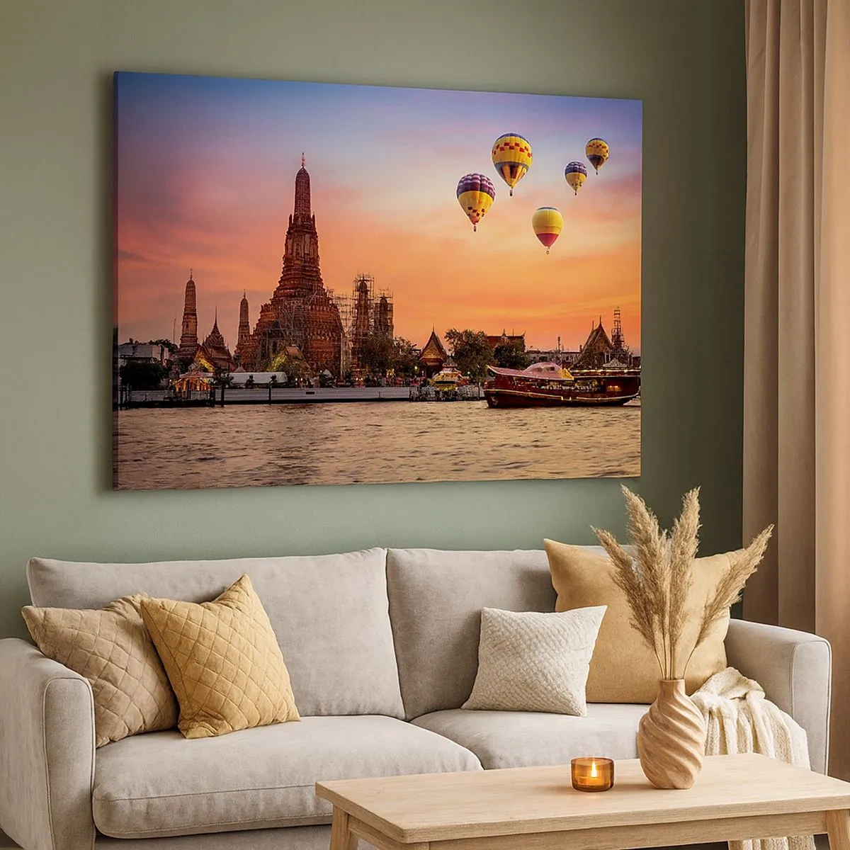 Canvas picture - A temple and balloons against the backdrop of the setting sun over the river - 70x50cm - Here Is Where Fairtales Are Born - Modern wall decoration for the living room and bedroom ARTTOR