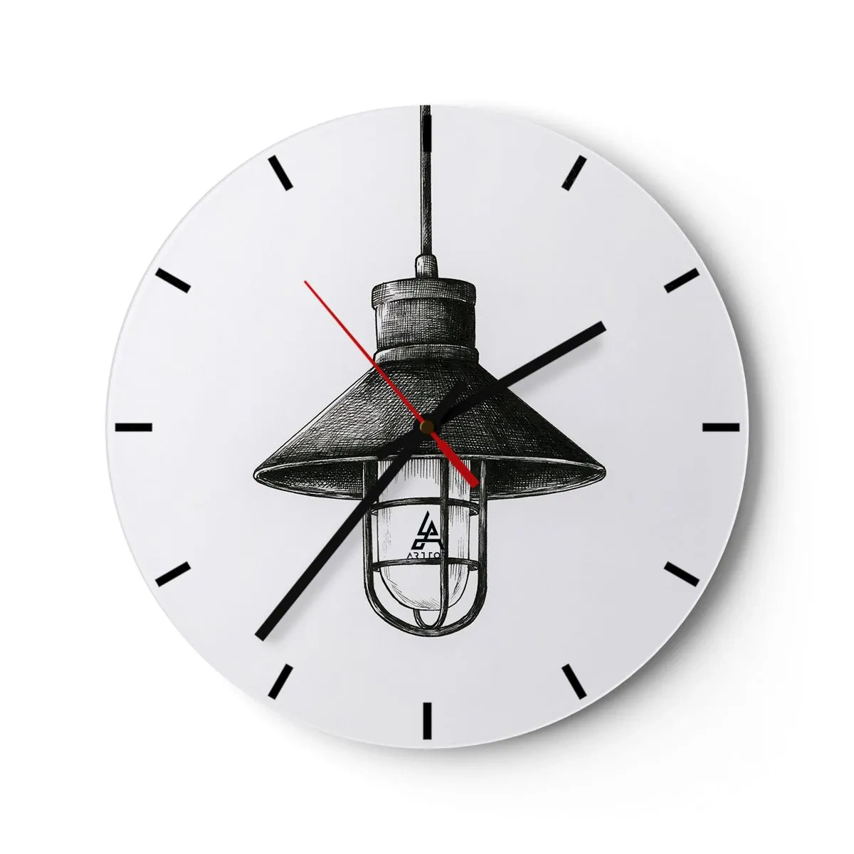 Wall clock - Clock on glass - Black industrial pendant lamp on a white background - 30x30cm - Like In the Old Days… - Modern wall decoration for the living room, kitchen, and bedroom ARTTOR