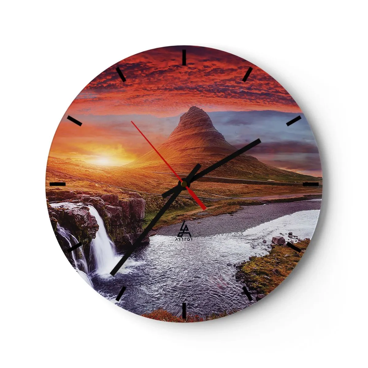 Wall clock - Clock on glass - A picturesque landscape with a mountain, a waterfall, and a sunset - 30x30cm - View of Middle-Earth - Modern wall decoration for the living room, kitchen, and bedroom ARTTOR