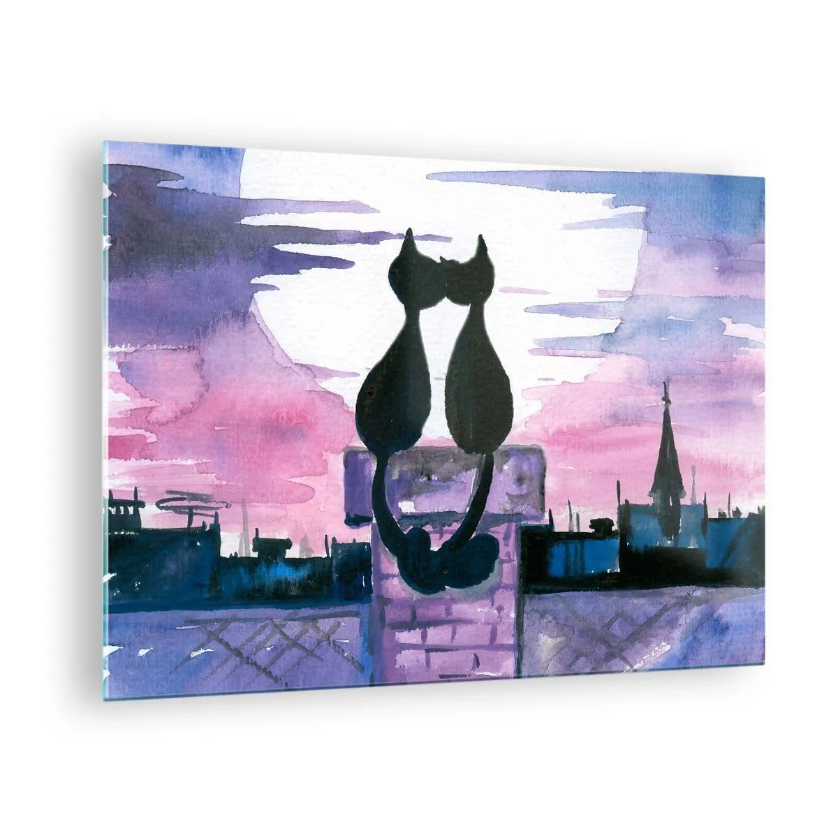 Glass picture - Silhouettes of two cats against the setting sun - 70x50cm - Rendezvous under the Moon - Modern wall decoration for the living room and bedroom ARTTOR