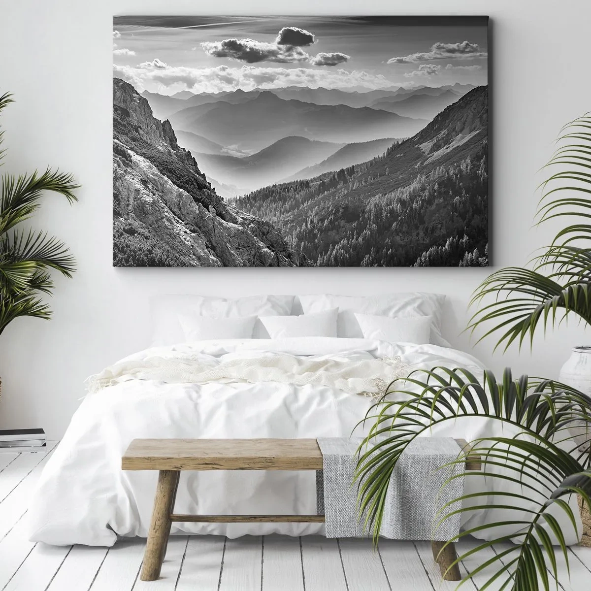 Canvas picture - Black and white mountain landscape with clouds over the peaks - 70x50cm - All the Way to the Horizon - Modern wall decoration for the living room and bedroom ARTTOR