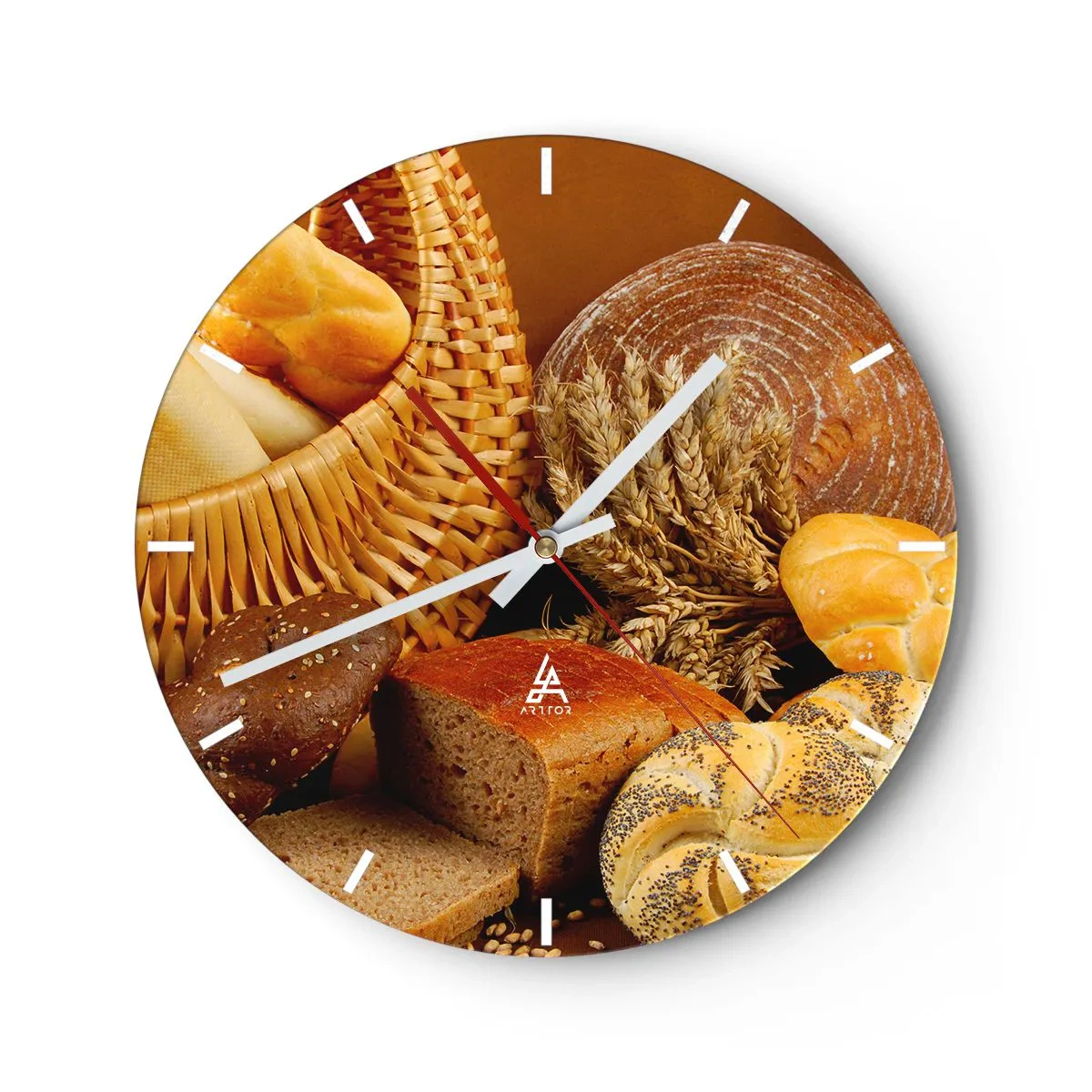 Wall clock - Clock on glass - A composition of bread and cereals in a rustic basket - 30x30cm - We've Baked It! - Modern wall decoration for the living room, kitchen, and bedroom ARTTOR