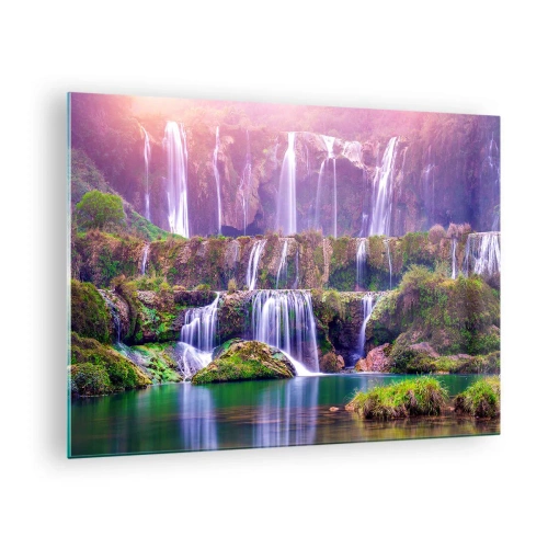 Glass picture - Picturesque waterfalls flowing down green rocks at sunset - 70x50cm - Stairway to Heaven - Modern wall decoration for the living room and bedroom ARTTOR