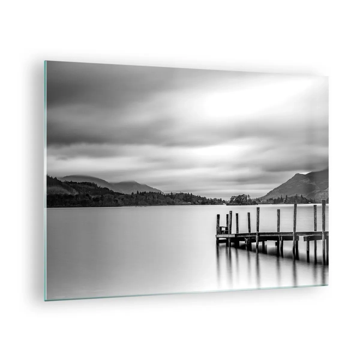 Glass picture - Black and white landscape with a lake and a wooden pier - 70x50cm - Tranquility and Power - Modern wall decoration for the living room and bedroom ARTTOR