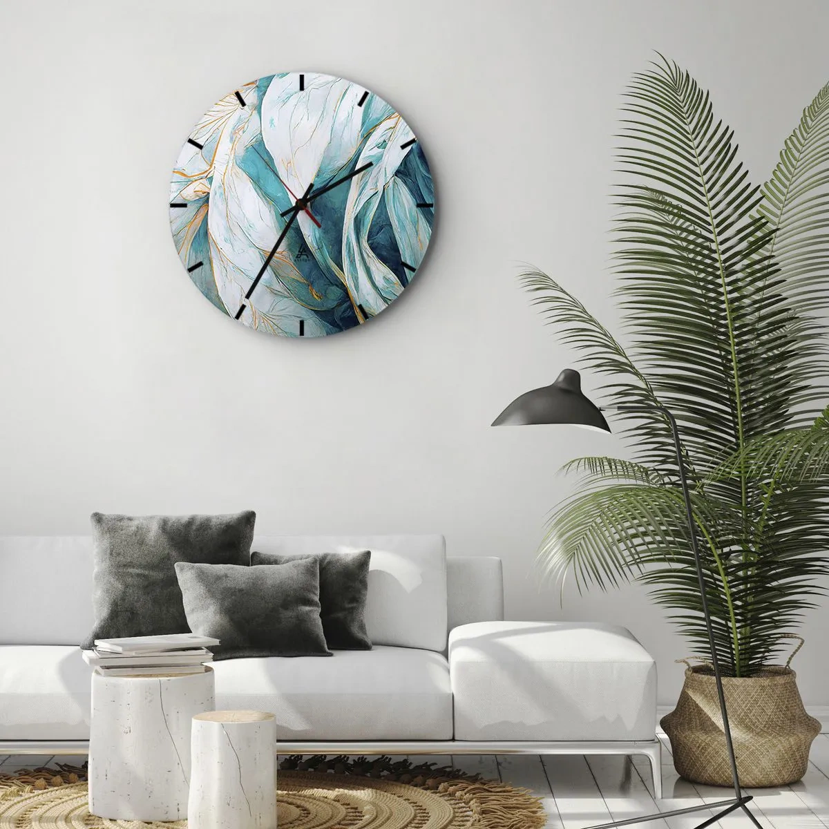 Wall clock - Clock on glass - Golden lines on a blue and white background with a soft texture. - 30x30cm - Blue Abstract with a Golden Motif - Modern wall decoration for the living room, kitchen, and bedroom ARTTOR