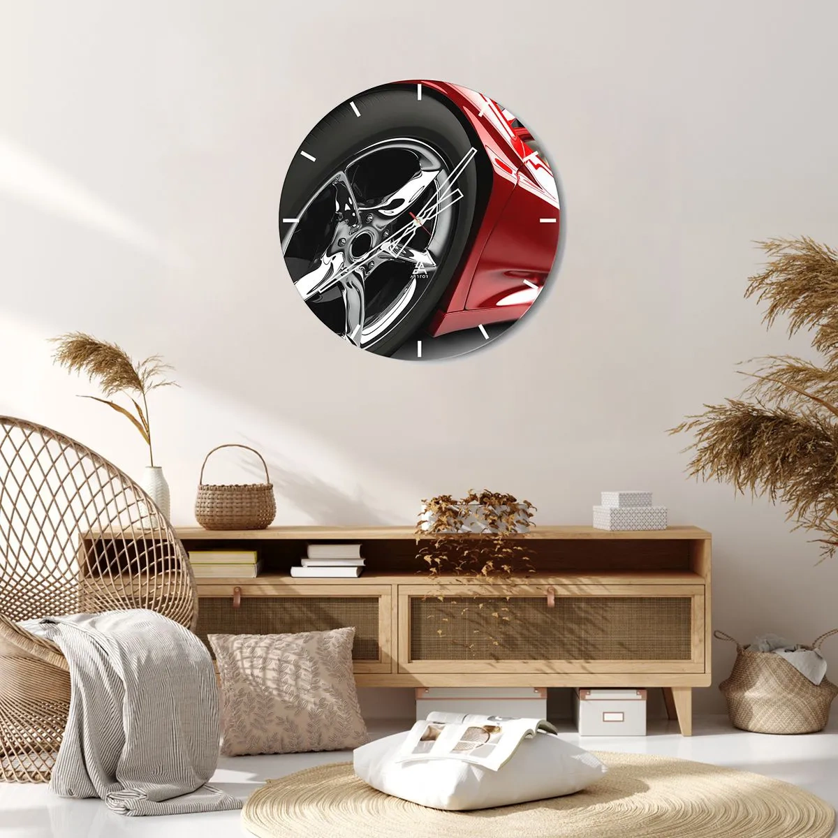 Wall clock - Clock on glass - Close-up of the chrome rims of a red car - 30x30cm - Born to Be Fast - Modern wall decoration for the living room, kitchen, and bedroom ARTTOR