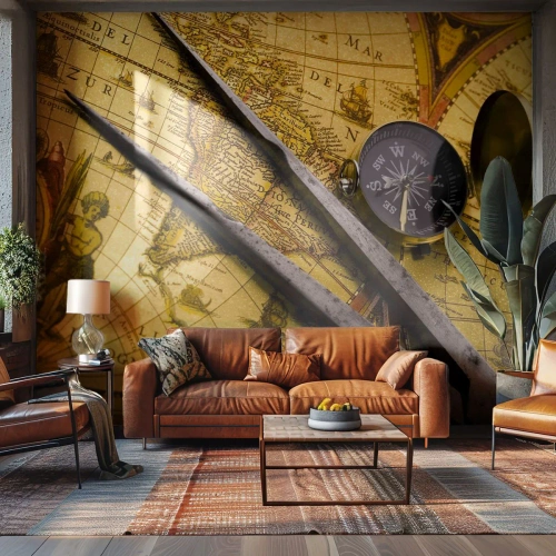 Photo Wallpaper Premium Sand - With a Compass through the Seas - Compass, World map, Travels - 450x315 cm