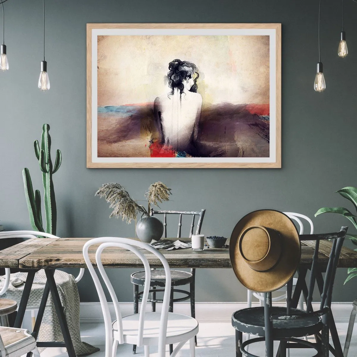 Poster in light oak frame - Gentle Lines, Oval Shapes - 100x70 cm