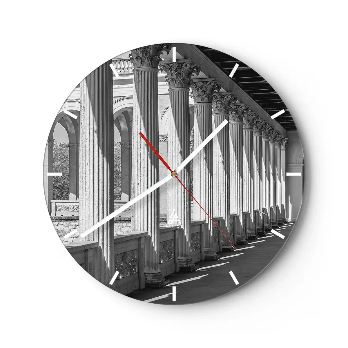Wall clock - Clock on glass - A classic arcade with columns in black and white perspective - 30x30cm - Sunny Arcade - Modern wall decoration for the living room, kitchen, and bedroom ARTTOR