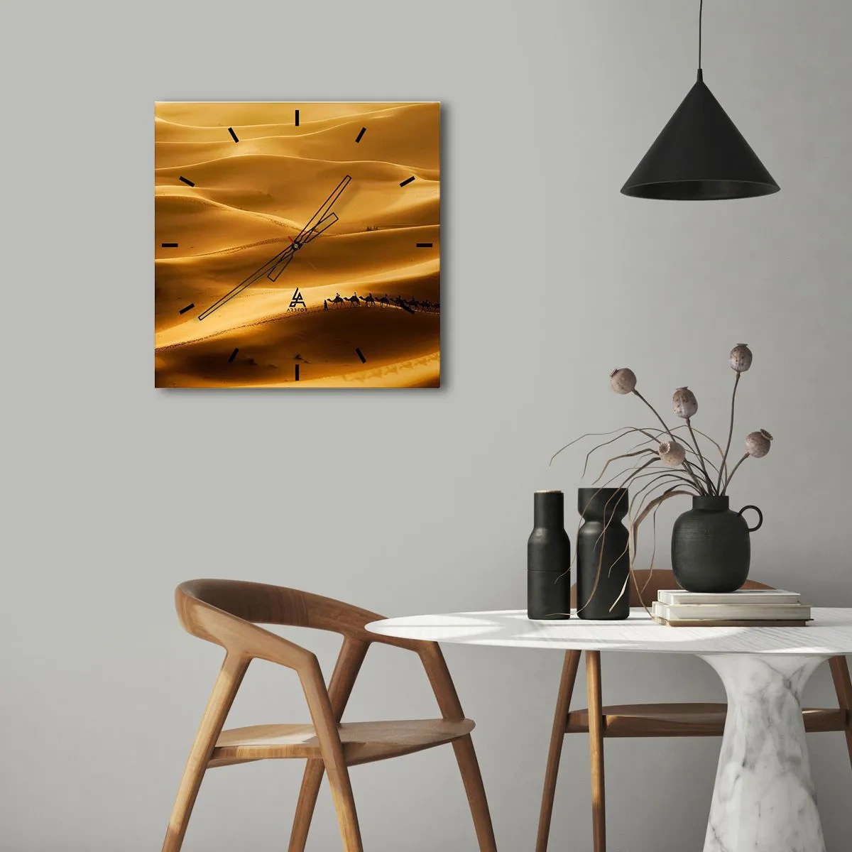 Wall clock - Clock on glass - Caravan on the Waves of a Desert - 40x40 cm