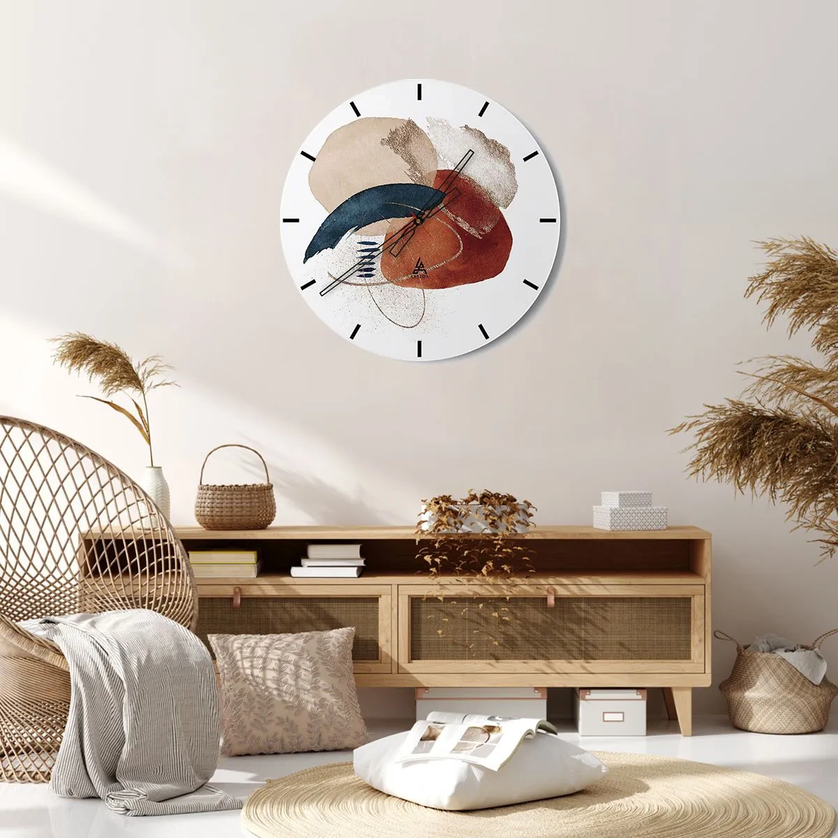 Wall clock - Clock on glass - Abstract spots in shades of beige, navy blue and terracotta - 30x30cm - Oval Composition - Modern wall decoration for the living room, kitchen, and bedroom ARTTOR