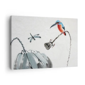 Canvas picture - colorful bird against a background of vegetation and a dragonfly - 70x50cm - Life of a Meadow - Modern wall decoration for the living room and bedroom ARTTOR