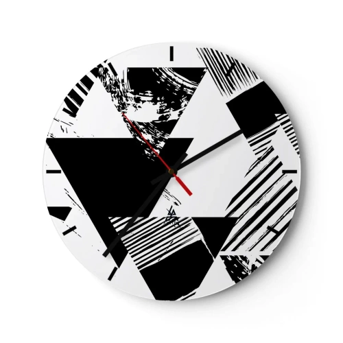 Wall clock - Clock on glass - Black and white geometric composition with triangles - 30x30cm - Rain of Triangles - Modern wall decoration for the living room, kitchen, and bedroom ARTTOR
