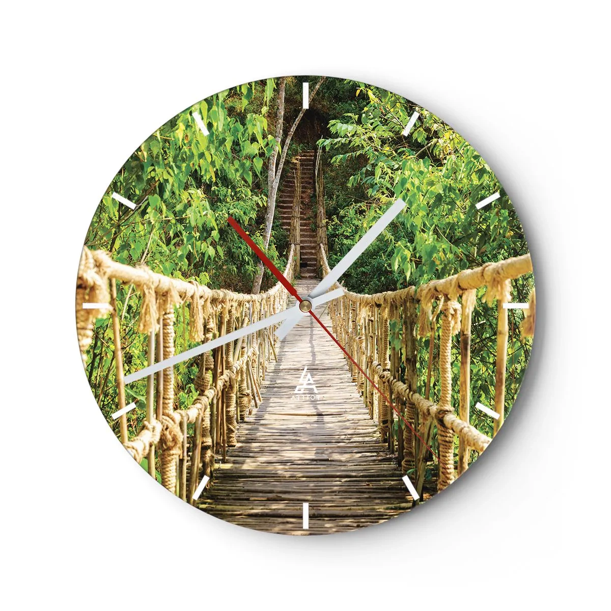 Wall clock - Clock on glass - wooden rope bridge amidst the lush green jungle - 30x30cm - Suspended in Green - Modern wall decoration for the living room, kitchen, and bedroom ARTTOR