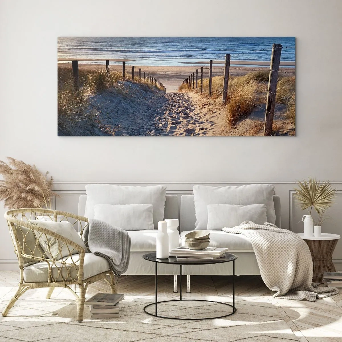 Glass picture - Sound of the Sea, Singing of the Birds, Wild Beach among Grass - 100x40 cm