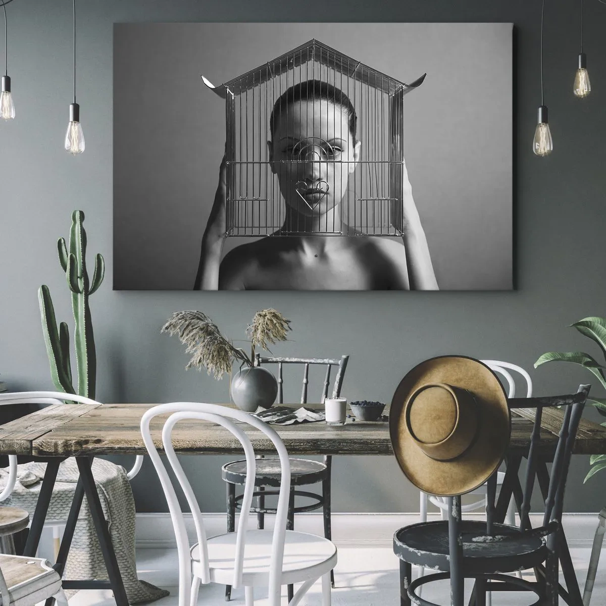 Canvas picture - Woman behind a cage in a surreal style - 70x50cm - A Bit Surrealistic Portrat - Modern wall decoration for the living room and bedroom ARTTOR