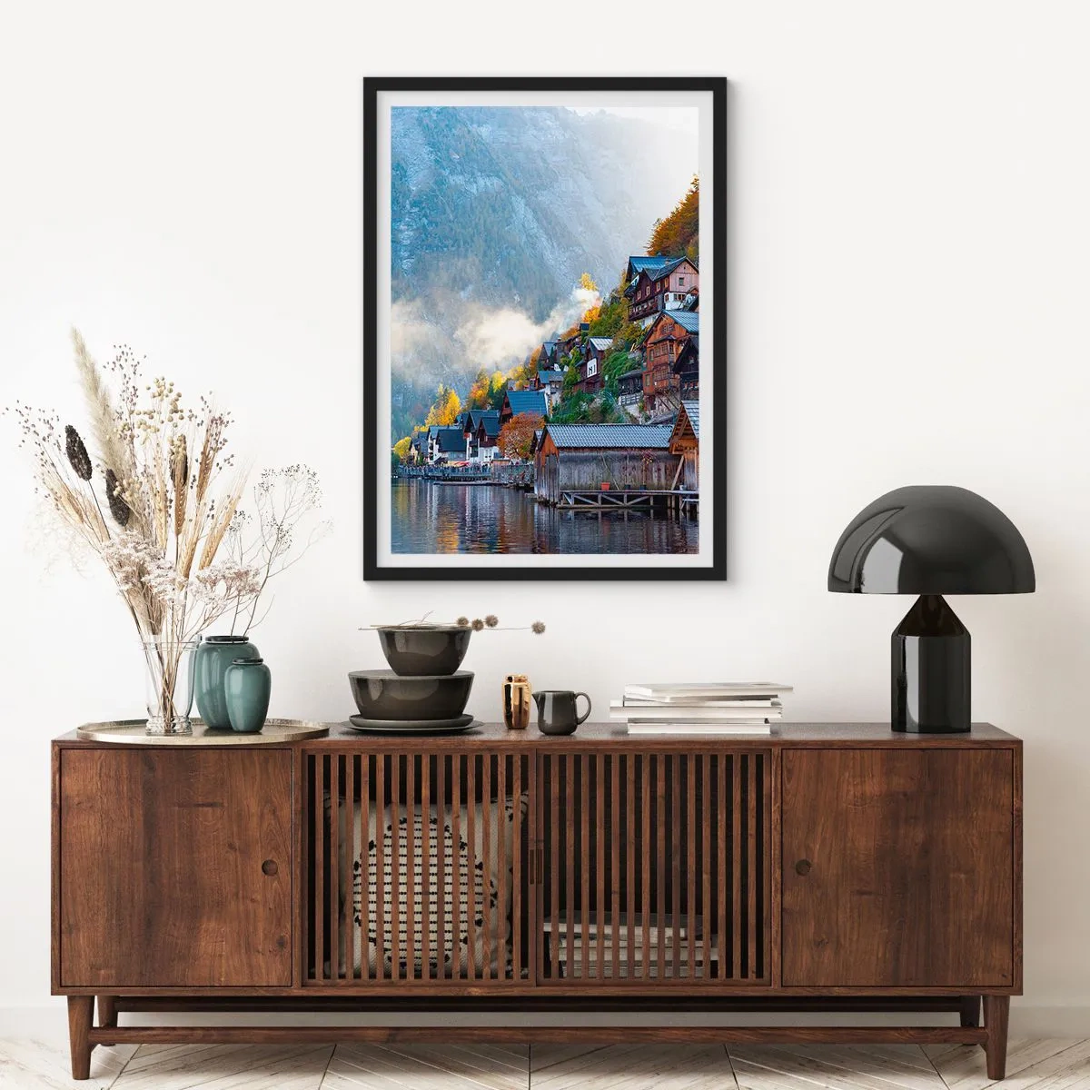 Poster in black frame - A mountain town by a lake surrounded by autumn aura - 50x70cm - Alpine Atmosphere - Modern wall decoration for the living room and bedroom ARTTOR