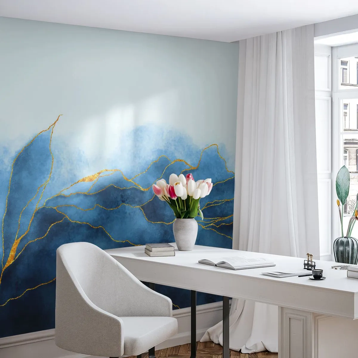 Photo Wallpaper Premium Sand - Blue In Gold - Luxury, Glamour, Abstraction - 100x70 cm