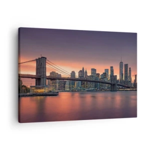 Canvas picture - Night panorama of the city with a bridge and an illuminated sky - 70x50cm - Submerged in Lilac Silence - Modern wall decoration for the living room and bedroom ARTTOR