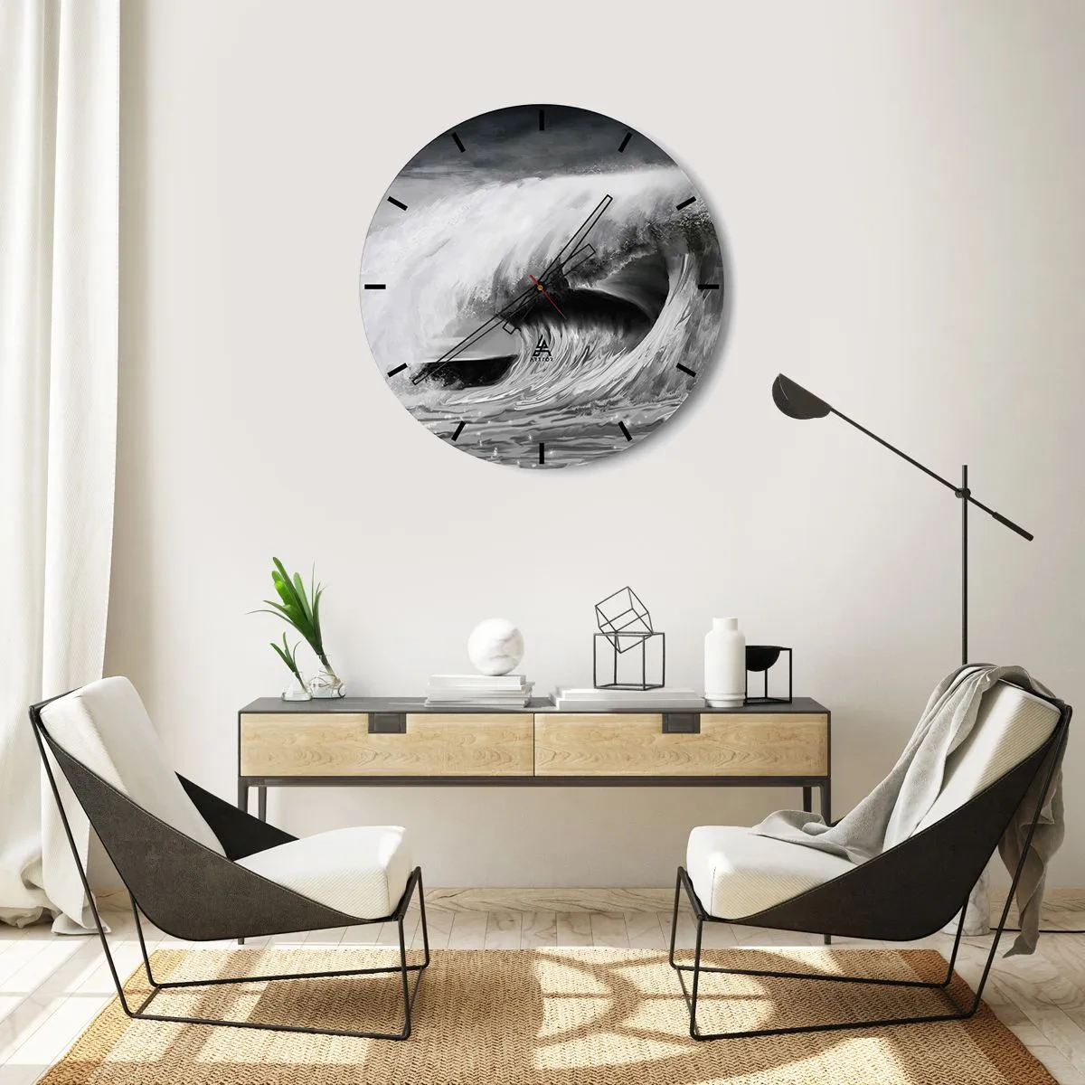 Wall clock - Clock on glass - A dynamic wave in shades of black and white - 30x30cm - Wrath of the Ocean - Modern wall decoration for the living room, kitchen, and bedroom ARTTOR