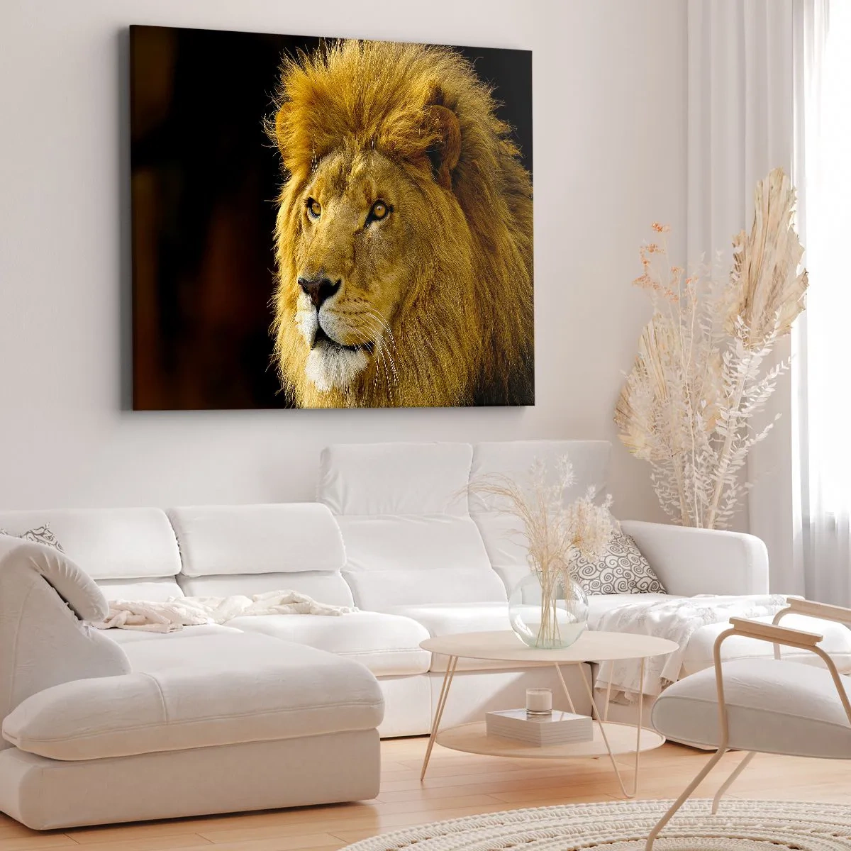 Canvas picture - Portrait of a lion with a majestic mane against a dark background - 70x50cm - Portrait of a King - Modern wall decoration for the living room and bedroom ARTTOR