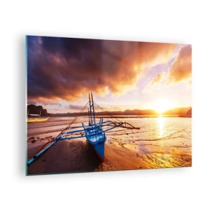 Glass picture - Boat on the beach at sunset with a dramatic sky - 70x50cm - After a Long Day, Stretching on the Sand - Modern wall decoration for the living room and bedroom ARTTOR