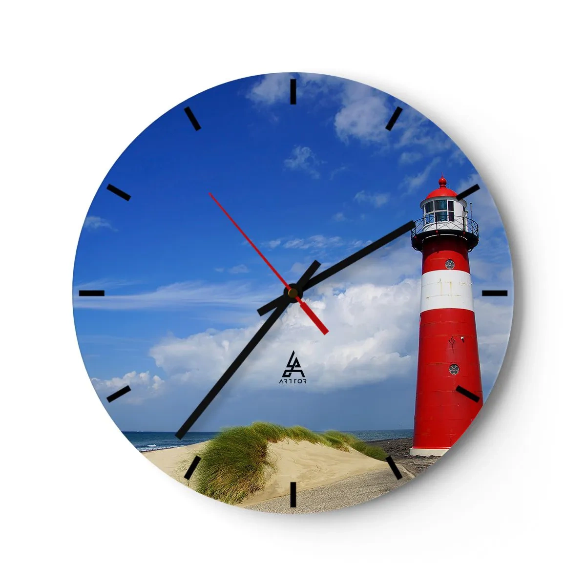Wall clock - Clock on glass - A red and white lighthouse against a blue sky - 30x30cm - Dreamlike Solitude - Modern wall decoration for the living room, kitchen, and bedroom ARTTOR