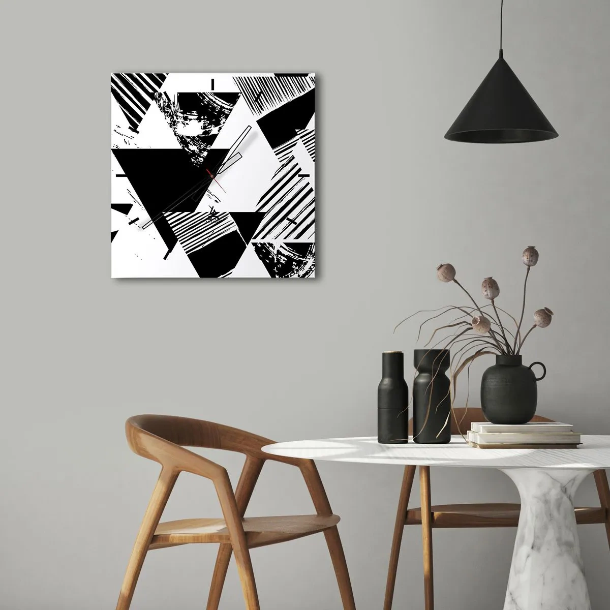 Wall clock - Clock on glass - Rain of Triangles - 30x30 cm