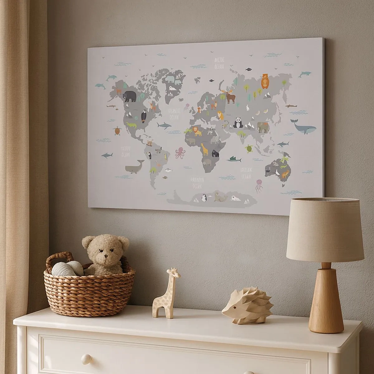Canvas picture - A world map with animal illustrations on a gray background - 70x50cm - Tell Me Where You Are From - Modern wall decoration for the living room and bedroom ARTTOR