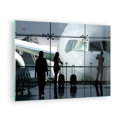 Glass picture - Airport with a view of the plane and silhouettes of travelers - 70x50cm - Via a Vis at the Aiport - Modern wall decoration for the living room and bedroom ARTTOR