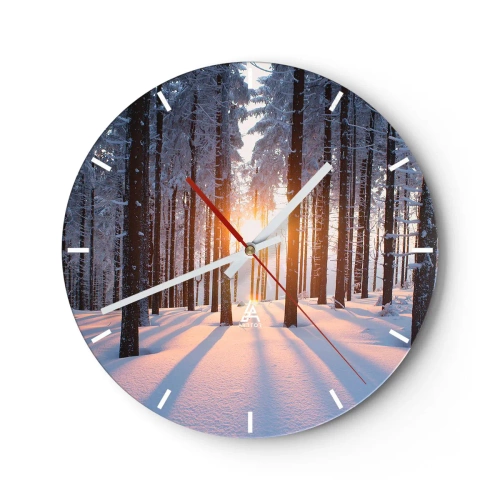 Wall clock - Clock on glass - Snowy forest in the morning with sun rays through the trees - 30x30cm - Clearly Black on White - Modern wall decoration for the living room, kitchen, and bedroom ARTTOR