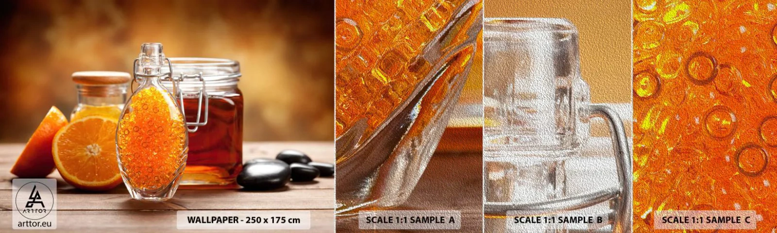 Photo Wallpaper Sample Premium Sand - Sunny Flavours and Aromas - Gastronomy, Orange, Jar With Honey - 100x30 cm