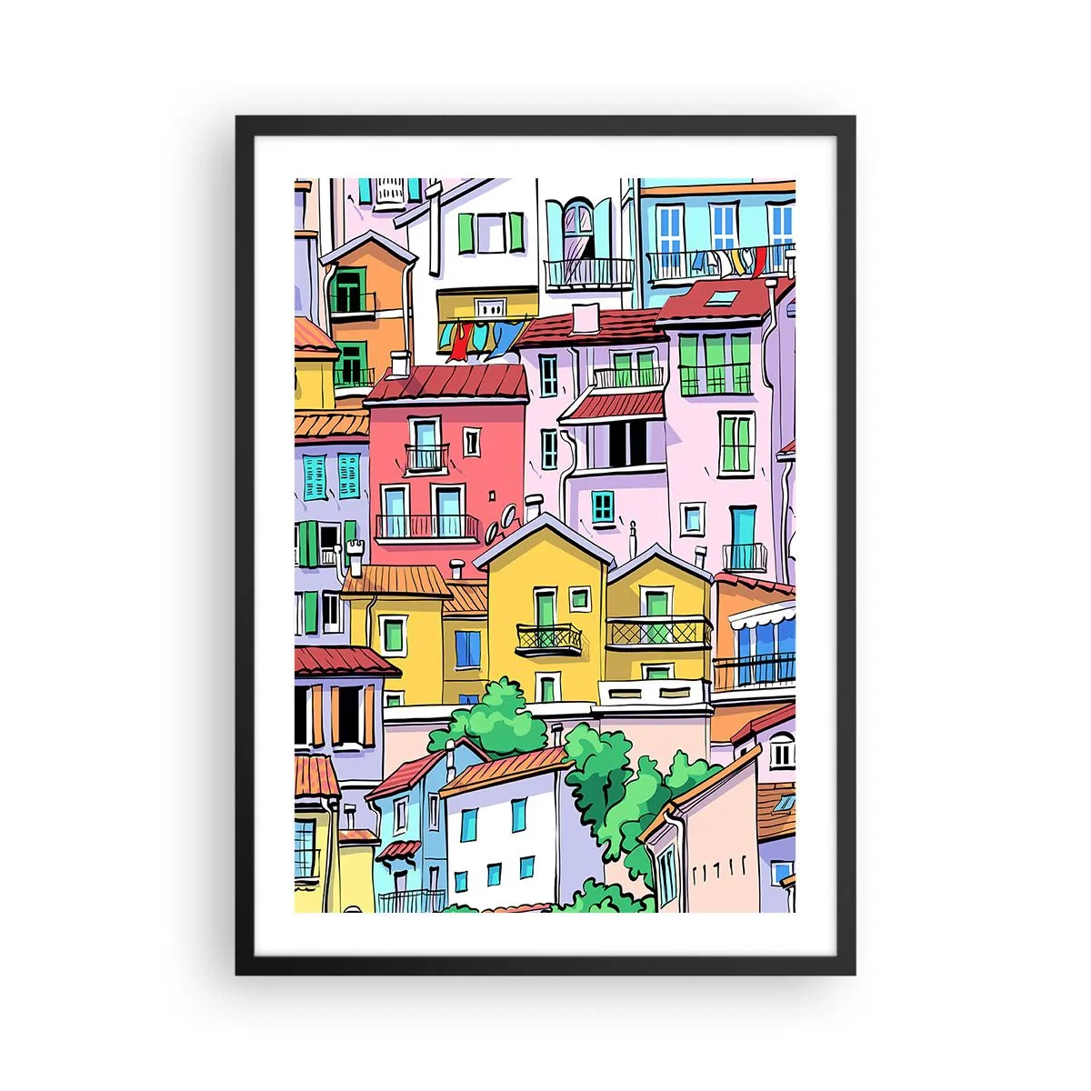 Poster in black frame - Colorful tenement houses in an illustrative style - 50x70cm - Merry City - Modern wall decoration for the living room and bedroom ARTTOR