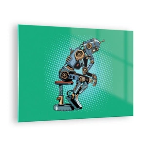 Glass picture - A robot thinker against a green pop art pattern background. - 70x50cm - On the Essence of Being - Modern wall decoration for the living room and bedroom ARTTOR