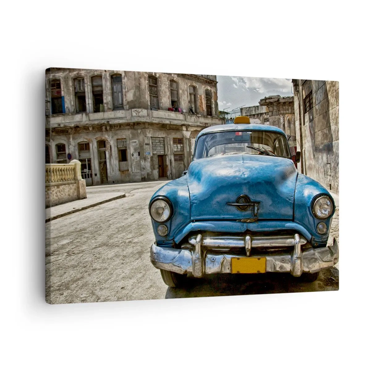 Canvas picture - An old blue car on the street in a retro style - 70x50cm - Old Is Beautiful - Modern wall decoration for the living room and bedroom ARTTOR