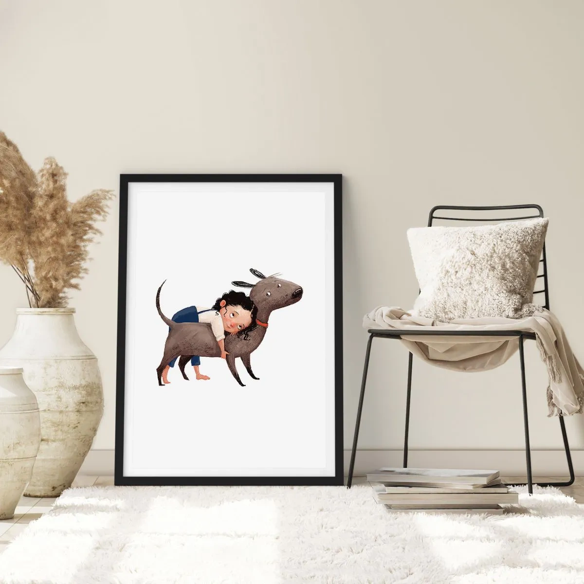 Poster in black frame - Illustration of a child hugging a dog on a white background - 50x70cm - Best Friends - Modern wall decoration for the living room and bedroom ARTTOR