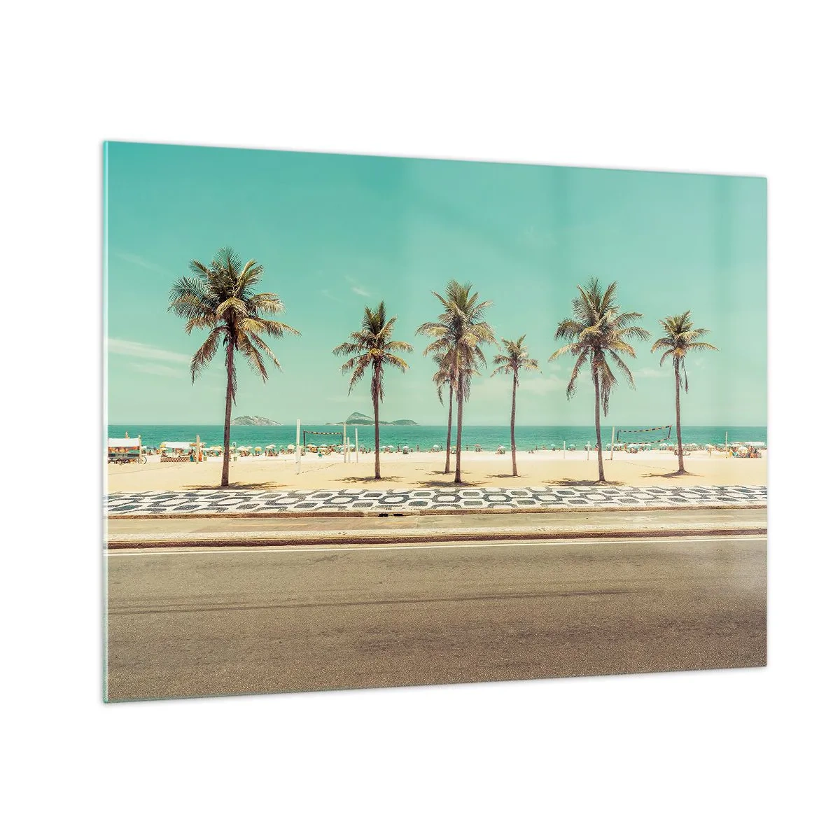 Glass picture - Palm trees on the promenade with the beach and ocean in the background - 70x50cm - By the Beach - Modern wall decoration for the living room and bedroom ARTTOR