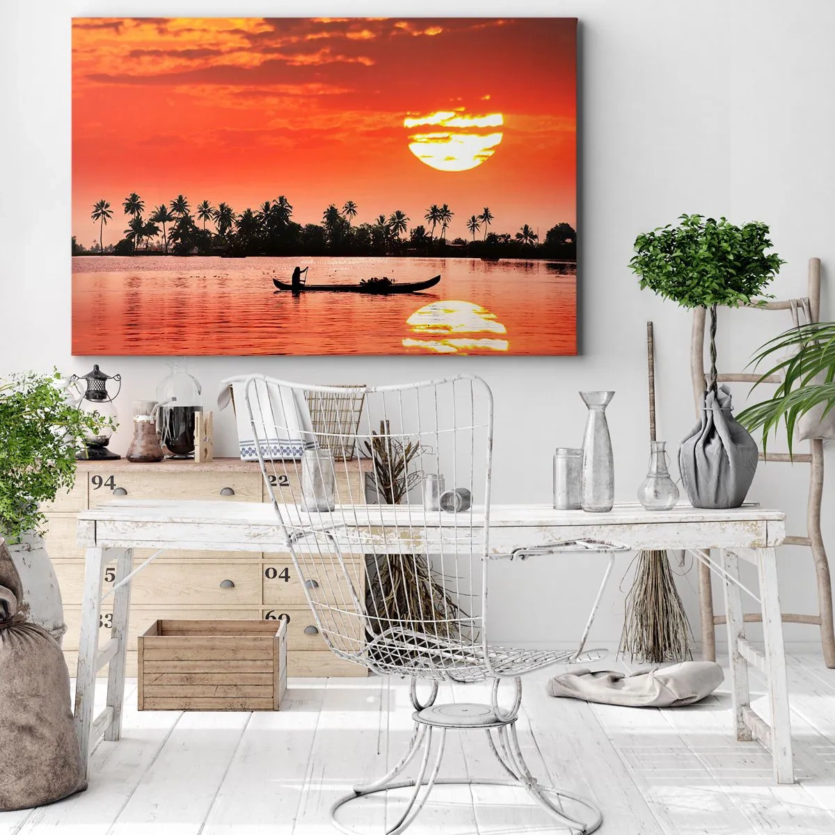 Canvas picture - Tropical sunset with a boat and palm trees in the background - 70x50cm - Peace of the Tropics at Sunset - Modern wall decoration for the living room and bedroom ARTTOR