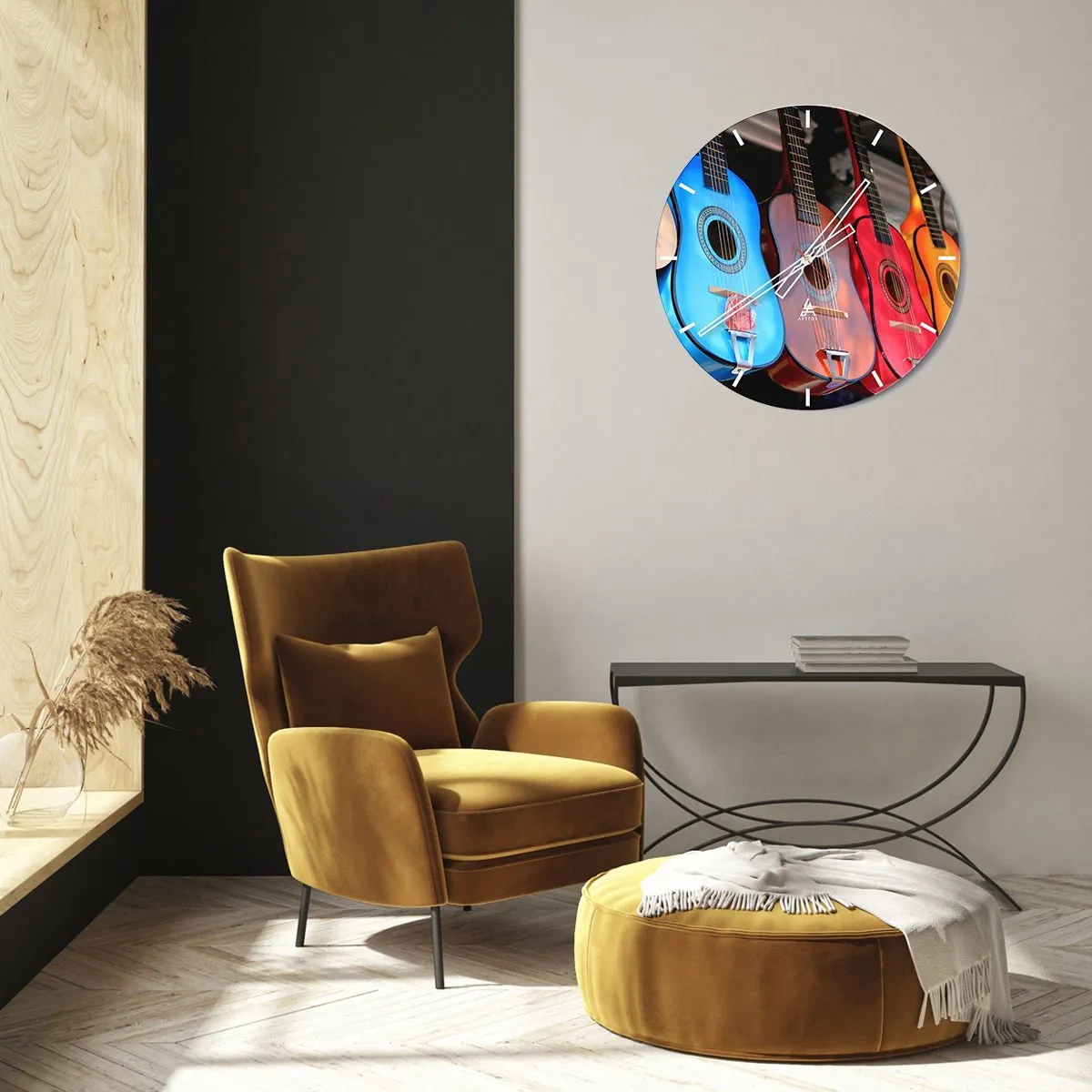 Wall clock - Clock on glass - Colorful guitars in different shades on a dark background - 30x30cm - Latino Style - Modern wall decoration for the living room, kitchen, and bedroom ARTTOR