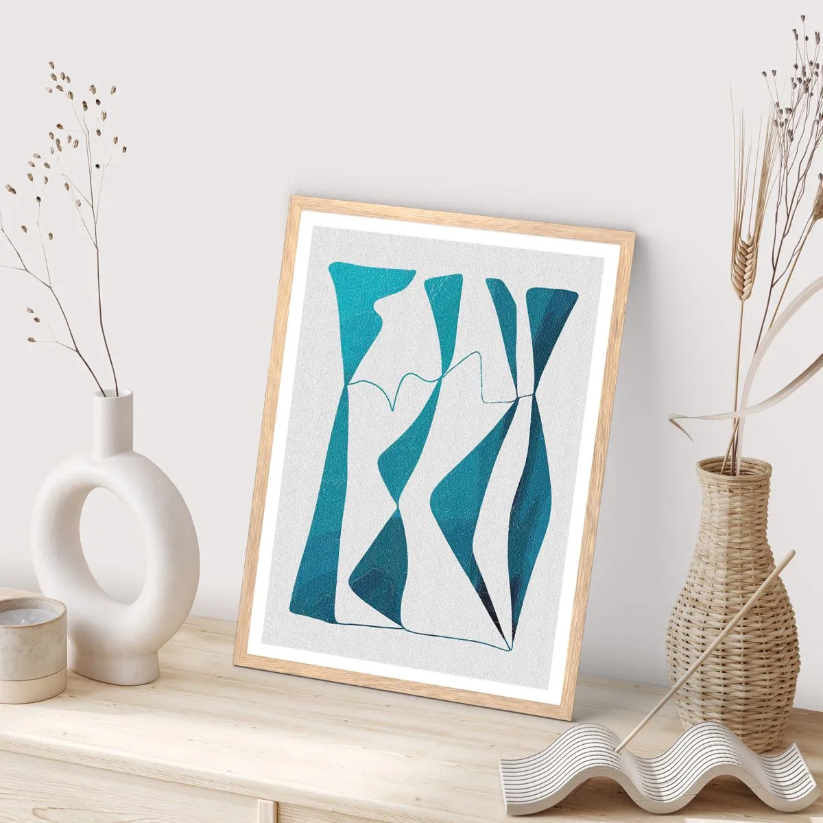 Poster in light oak frame - Abstract: Turquoise Relation - 70x100 cm