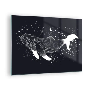 Glass picture - Graphic white silhouette of a whale floating in space - 70x50cm - In the Ocean of Universe - Modern wall decoration for the living room and bedroom ARTTOR