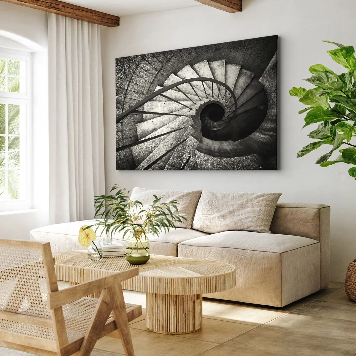 Canvas picture - Black and white spiral staircase in a modern style - 70x50cm - Up the Stairs and Down the Stairs - Modern wall decoration for the living room and bedroom ARTTOR