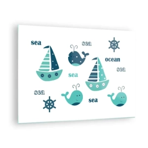 Glass picture - Nautical theme with sailboats and whales - 70x50cm - Through Seas And Oceans - Modern wall decoration for the living room and bedroom ARTTOR