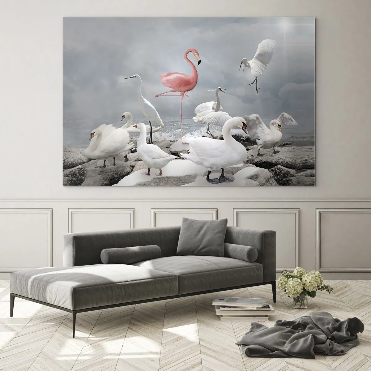Glass picture - A pink flamingo among white swans and herons against the water - 70x50cm - Where Did I Come from? - Modern wall decoration for the living room and bedroom ARTTOR
