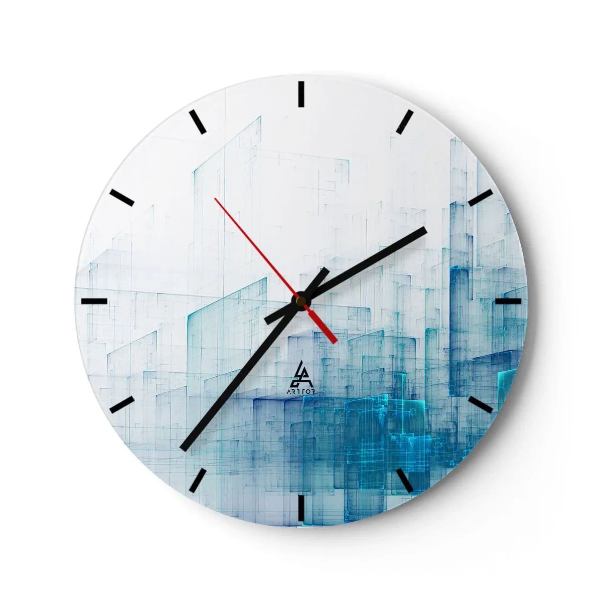 Wall clock - Clock on glass - Abstract geometric forms in blue tones on a white background - 30x30cm - And There Was Space - Modern wall decoration for the living room, kitchen, and bedroom ARTTOR